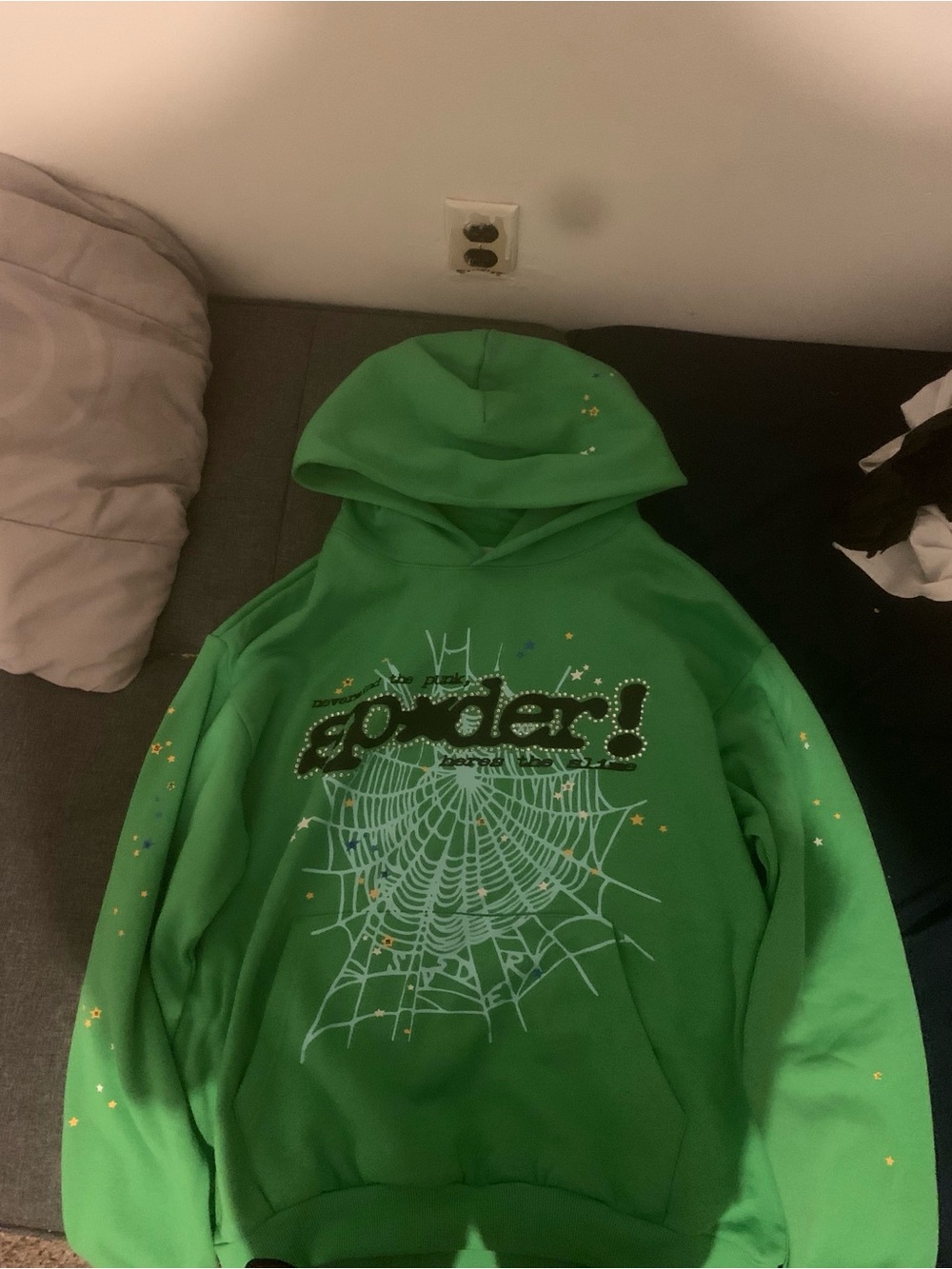 Green Graphic Crewneck Hoodie Sweater with Spiderweb Print